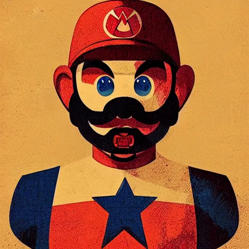 Prompt: portrait of super mario as captain america, limited neutral palette, beautiful graphics, full body portrait, propaganda poster art, 1 9 7 0 s illustrated advertising art by petros afshar, anton fadeev, dean ellis, painterly character design