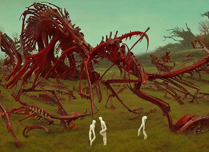 Prompt: war in the cemetery of london edward hopper and james gilleard, zdzislaw beksinski, by greg rutkowski, exotic vegetation, tristan eaton, victo ngai, vibrant red background, whale skeleton, a still from the film alien, hyperrealism