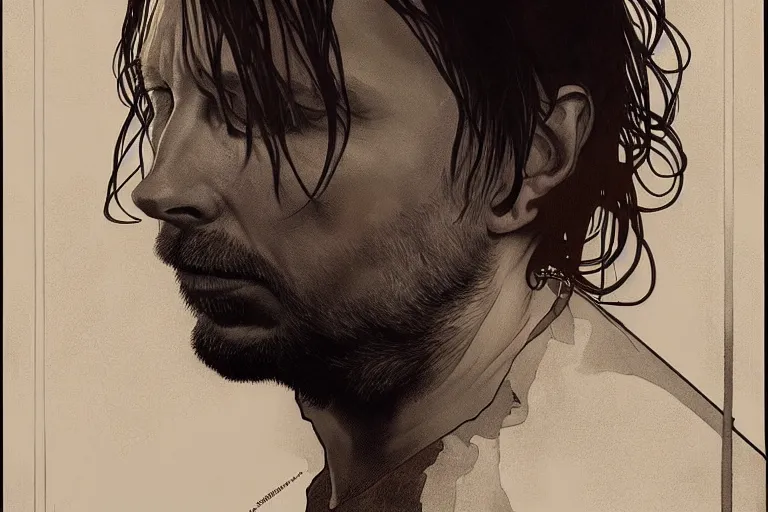 Image similar to hyper realistic portrait of thom yorke singer songwriter, side, liminal space, by lee bermejo, alphonse mucha and greg rutkowski