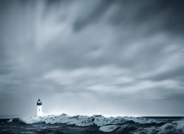 Image similar to a photo of a lighthouse in a storm at night. lonely, churning waves, splashing on lighthouse. warm lighting, long exposure