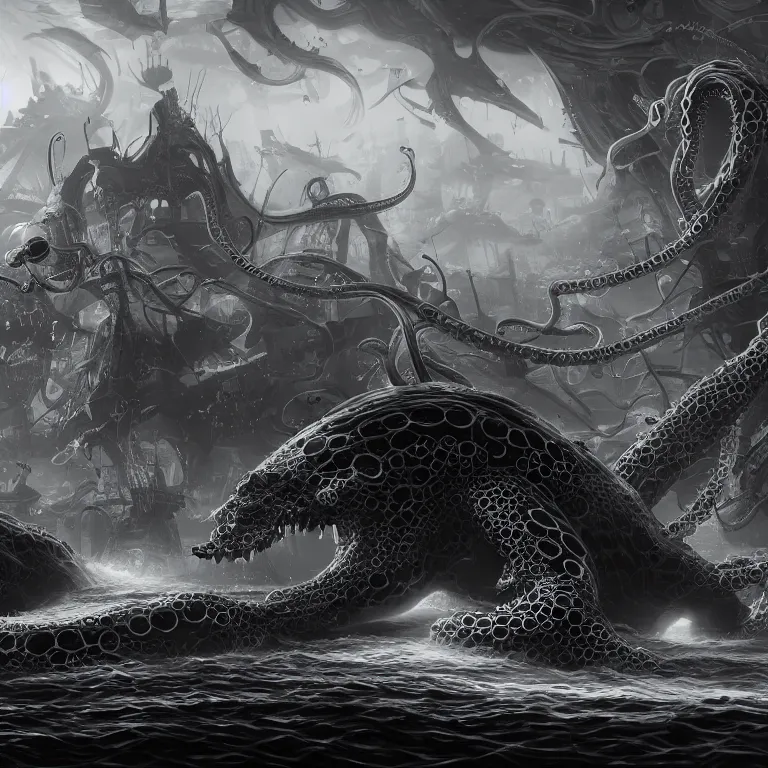 Prompt: black and white, returnal biome, city, technology, sea enemies, extra teeth, tentacles, highly detailed, digital painting, artstation, concept art, sharp focus, illustration, unreal engine 5, 8 k