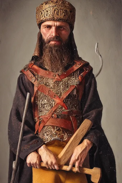 Prompt: Slavic dog head man holding an ax, woolen torso in medieval clothes, Orthodox Saint Christopher, oil painting, hyperrealism, beautiful, high resolution, trending on artstation,