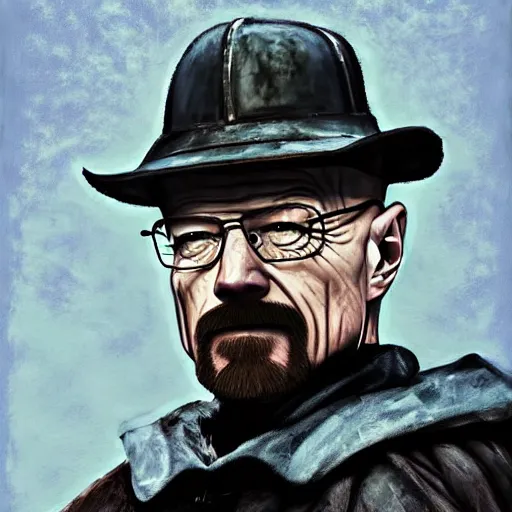 Image similar to walter white from breaking bad wearing medieval armor and riding a horse, matte oil painting