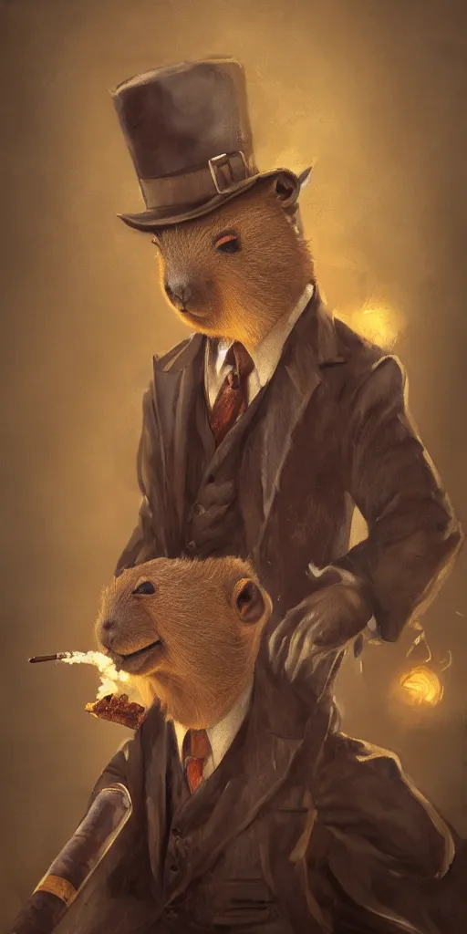 Prompt: oil painting of anthropomorphized capybara smoking a cigar, detective clothes, close shot, full body, dark steampunk mine shaft background, sharp focus, fantasy style, octane render, volumetric lighting, 8k high definition, highly detailed, trending on art Station, dungeons and dragons artwork, centered