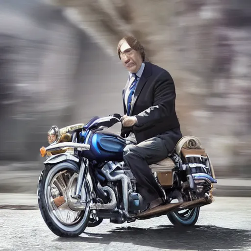 Image similar to A photo of Saul Goodman riding a motorcycle, highly detailed, 4k