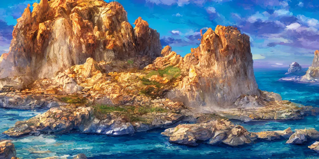 Image similar to salt covered islands surrounded by colourful rugged quartz cliffs, illustration, bright sunlight, sun glints, sunrays, digital art, oil painting, fantasy, 8 k, trending on artstation, detailed