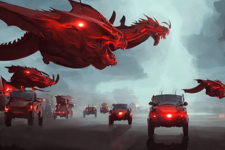 Image similar to a convoy of programmers are marching to chinese palace, big red dragon flying above them, dark atmosphere, light above palace, digital art, trending on artstation