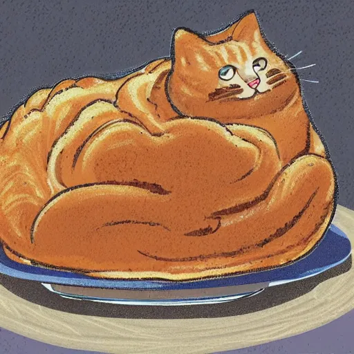 Image similar to obese cat sitting next to a slice of toast with indomie mi goreng noodles on top, traditional artstyle