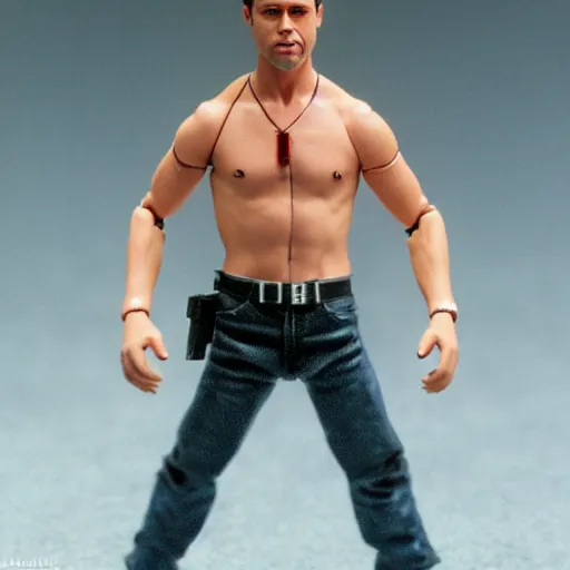 Prompt: action figure of brad pitt in fight club. advertising photograph, packaging, photographic, hyperreal, 3 5 mm