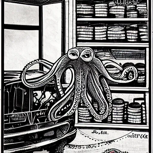 Image similar to a realistic octopus in a car repair shop, engraving, ink, edward gorey