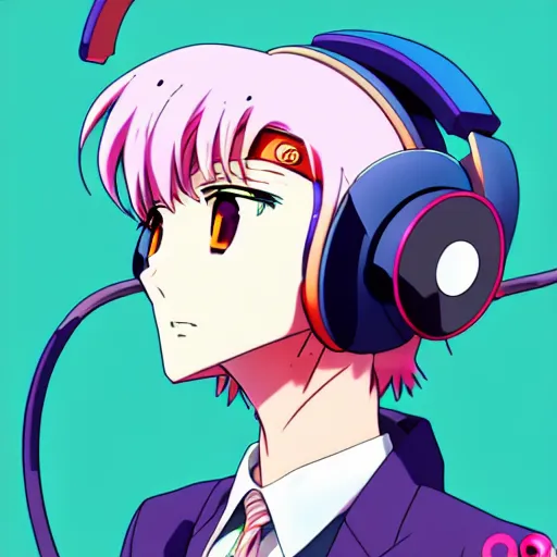 Image similar to An anime character's head wearing retro headphones. 90s anime, Sailor Moon, Neon Genesis, official art, flat cell shading, fantastic screenshot art, trending on artstation, muted nostalgic colors