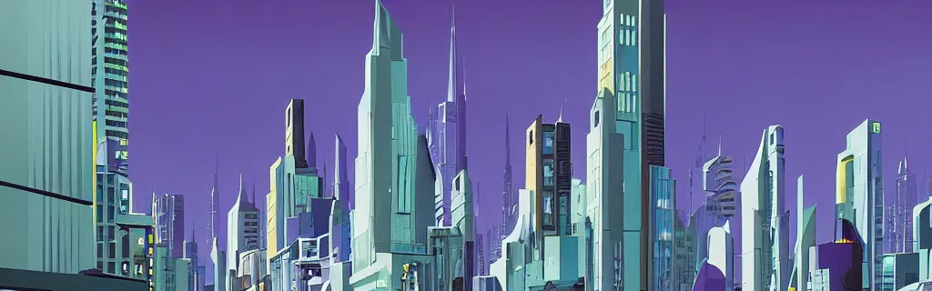 Image similar to sci - fi city street with faceted angular buildings, modernism, gouache, animated film, stylised, illustration, by eyvind earle, scott wills, genndy tartakovski, syd mead