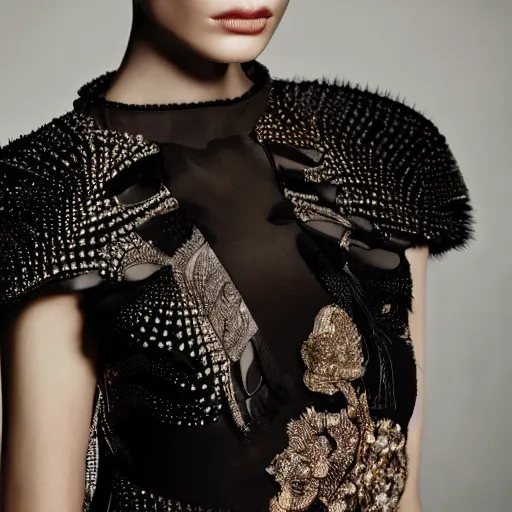 Prompt: close up of a fashion model in luxury dress, black background, official valentino editorial, highly detailed