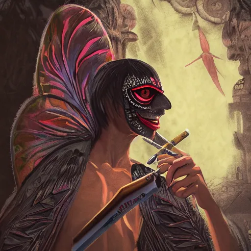 Image similar to 8K centered headshot Portrait of a psychedelic godlike mothman posing with a cigar with giant mandala wings smoking a hand-rolled cigarette smoking heavily , magic mushroom village in background , post-processing , award winning. superb resolution. in the art style of Satoshi Kon and Greg Rutkowski , Detailed Mushroom city in background , Hyper realistic anime , Perfect art , Dalle2