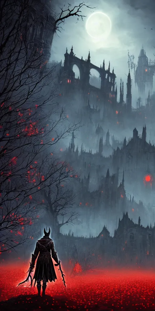 Prompt: abandoned bloodborne old valley with a obscure person at the centre and a ruined gothic city in the background, trees and stars in the background, falling red petals, epic red - orange moonlight, perfect lightning, wallpaper illustration by niko delort and kentaro miura, 4 k, ultra realistic