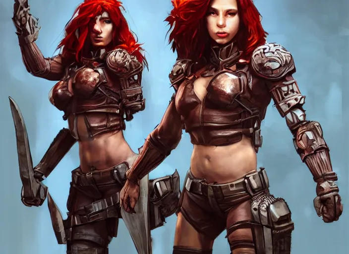 Image similar to poster!! beautiful new female character for 7 days to die, character concept art, action pose, illustration, full body armor, steel plating, huge weapon, super powers, athletic, long red hair, symmetry, intricate design, shiny, highly detailed, hd, dramatic lighting, art by artgerm and greg rutkowski