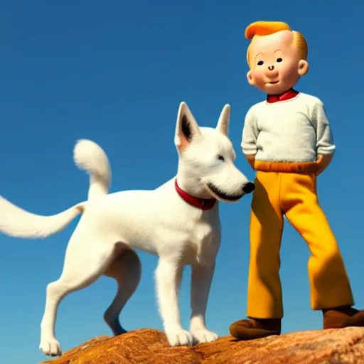 Image similar to tintin and his tiny white fox terrier, depicted as a pixar character, high quality cg render, 8 k