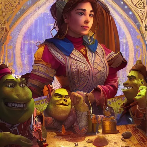 Image similar to moroccan shrek plays arcade game with vladimir putin, highly detailed, digital painting, artstation, concept art, smooth, sharp focus, illustration, art by artgerm and greg rutkowski and alphonse mucha