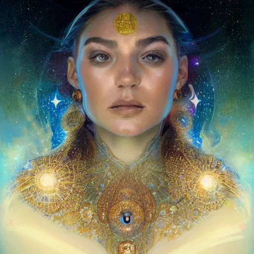 Image similar to portrait of a cosmic goddess, suit made out of stars and galaxies and cosmic energy, intricate, headshot, highly detailed, digital painting, artstation, concept art, sharp focus, cinematic lighting, illustration, art by artgerm and greg rutkowski, alphonse mucha, cgsociety