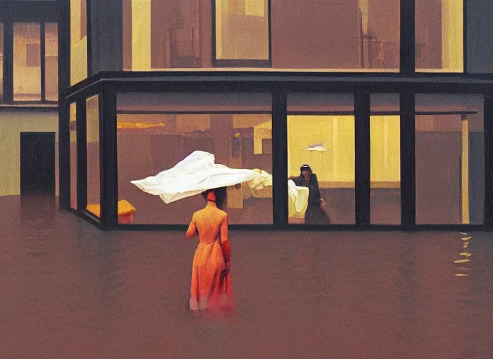 Image similar to woman dressed in plastic bags plugged into computer in paper bag over the head on flooded street Edward Hopper and James Gilleard, Zdzislaw Beksinski, highly detailed