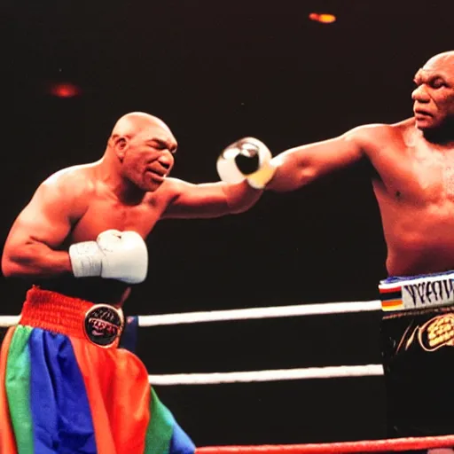 Prompt: mike tyson fighting nathan lane rainbow photograph