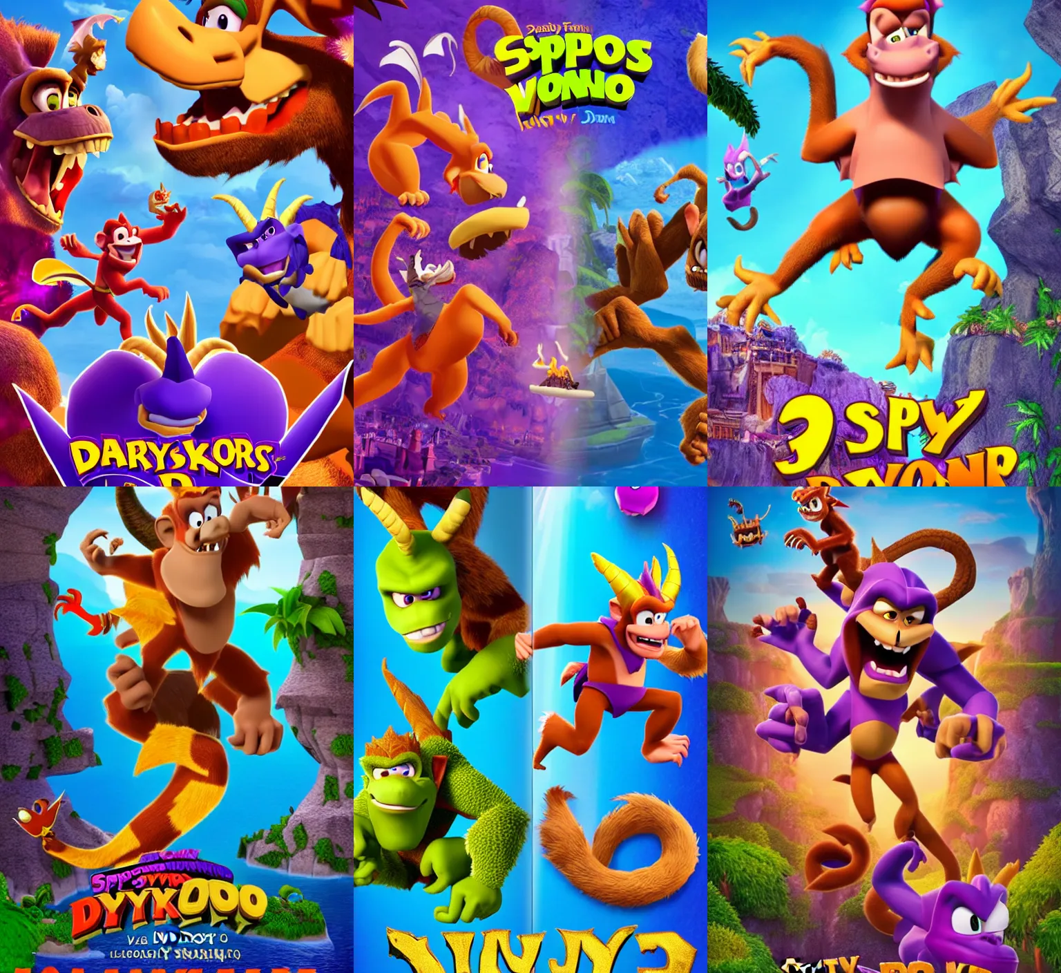 Prompt: feature film poster of the 3D animated fantasy adventure movie Spyro VS Donkey Kong (2018)