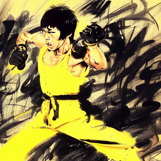 Image similar to a kick by Bruce Lee wearing a yellow jumpsuit by Yoji Shinkawa and Ashley Wood