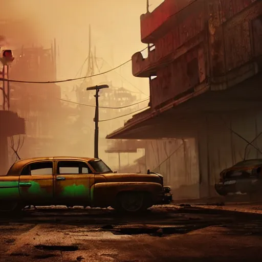 Image similar to fallout 4 : miami, ruined city environment, rusted vintage cars and trucks mysterious atmospheric lighting, matte painting, intricate, iridescent, volumetric lighting, beautiful, rich deep colours masterpiece, fog golden hour, golden ratio, sharp focus, ultra detailed, by leesha hannigan, ross tran, thierry doizon, kai carpenter, ignacio fernandez rios