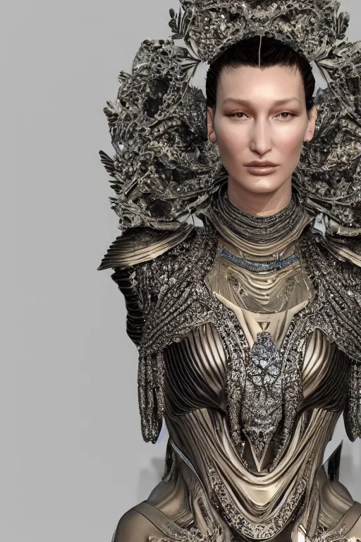 Image similar to a highly detailed 4 k render portrait of a beautiful tall alien goddess bella hadid in iris van herpen dress armor schiaparelli in diamonds and jewelry in style of alphonse mucha trending on artstation made in unreal engine 4