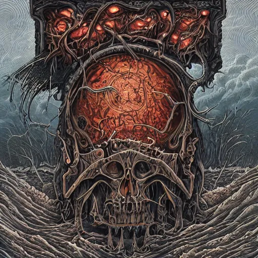 Prompt: a cover of a death metal LP, highly detailed, art, dark and grungy, 4k, 8k, trending on artstation, style of dan mumford and Andrew Ferez