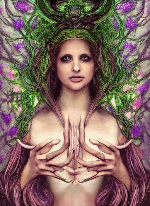 Image similar to portrait of Sarah Michelle Gellar as a everreaching Goddess of despair, a futuristic diety, inside future fighter, sci-fi, fantasy, intricate, lush garden spaceship with sakura season flowers, elegant, human anatomy, royal green and nature light, highly detailed, digital painting, artstation, concept art, smooth, sharp focus, illustration, art by tian zi and WLOP and alphonse mucha, masterpiece, 3d blender