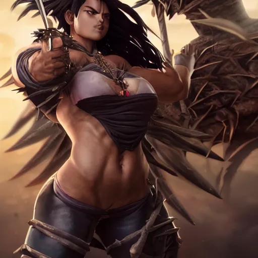 Image similar to warrior girl, muscular girl, wild spiky black saiyan hair, long spiky hair, electrified hair, scimitar, ultra realistic, intricate details, highly detailed, subsurface scattering, photorealistic, octane render, 8 k, art by artgerm, greg rutkowski, magali villeneuve, alphonse mucha