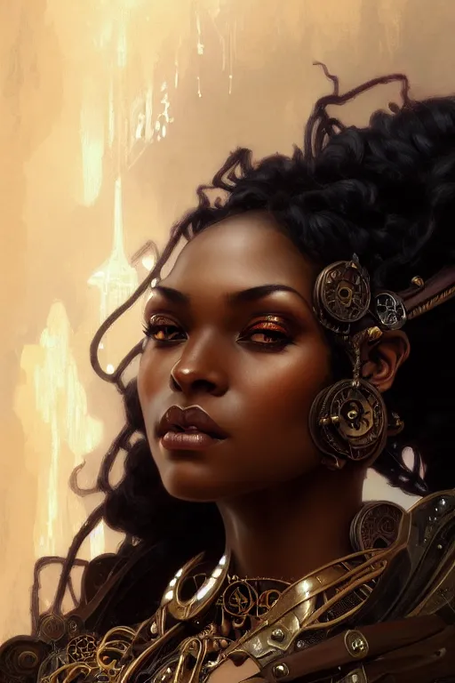 Prompt: Close up portrait of black beautiful steampunk girl, D&D, face, fantasy, intricate, elegant, highly detailed, digital painting, artstation, concept art, smooth, sharp focus, illustration, art by artgerm and greg rutkowski and alphonse mucha