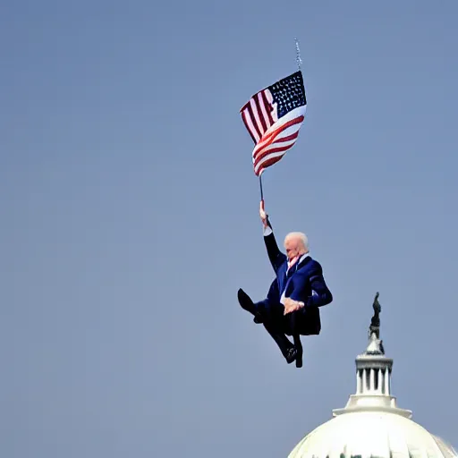 Prompt: President Biden soaring gracefully through the air above Washington DC