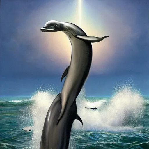 Prompt: a hyper realistic painting of the grim reaper on the back of a dolphin that is jumping over a rainbow, by james c christensen,