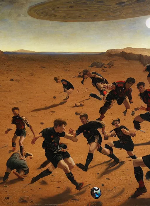 Image similar to a soccer match on mars by edgar maxence and caravaggio and michael whelan and delacroix style, artistic, intricate painting, cinematic lighting, hyper realistic, extremely detailed, establishing shot, 8 k resolution, dramatic lighting