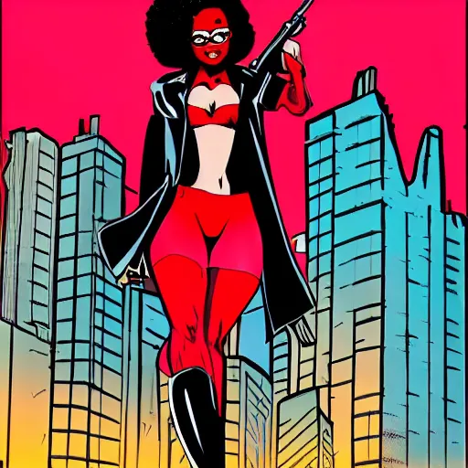 Prompt: nerdy black girl super hero , big red Afro , sexy red lips, tall and slim figured , holdings big gun , in Brooklyn, comic book style,
