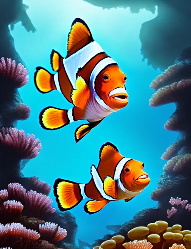 Image similar to a bipedal clownfish that is wearing full iron plate armor, and holding a colossal sword, over his shoulder, as a matte oil painting and d & d character art, standing, fullbody, bubbles, anemone, tall kelp, award - winning, extremely detailed, sharp focus