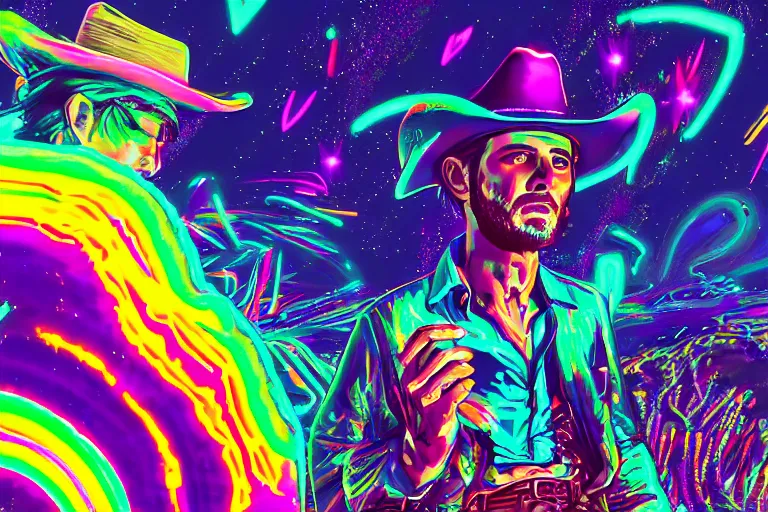 Prompt: an old western cowboy stumbles apon a portal to another dimension, psychedelic, flashwave, synthwave, dreamy, animecore, glowwave, glitch core, laborwave, hyperpop, raver, rainbowcore, lisa frank, trailwave, glowing, detailed image, digital art, 8k,