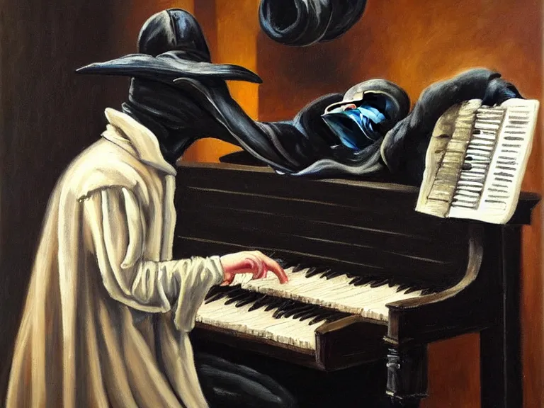 Image similar to a plague doctor playing a concert piano, oil painting, epic