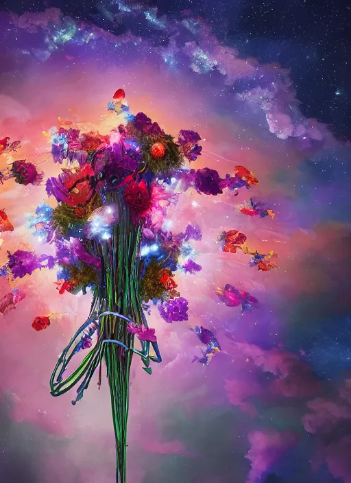 Image similar to An epic fantastic realism comic book style painting of the most beautiful entwined flowers launched across the dark and starry night sky, nebulous bouquets, fisheye lens, unreal 5, DAZ, hyperrealistic, octane render, dynamic lighting