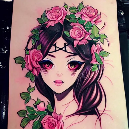 Image similar to tattoo design, stencil, beautiful egyptian girls face, roses and ivy surrounding by artgerm, artgerm, cat girl, anime