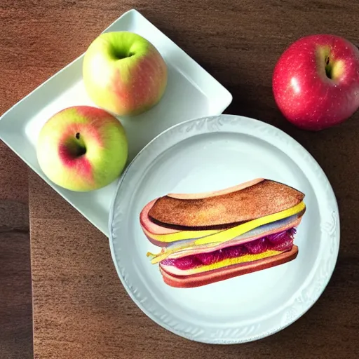 Image similar to bologna sandwich, plate, apple, watercolor, masterpiece