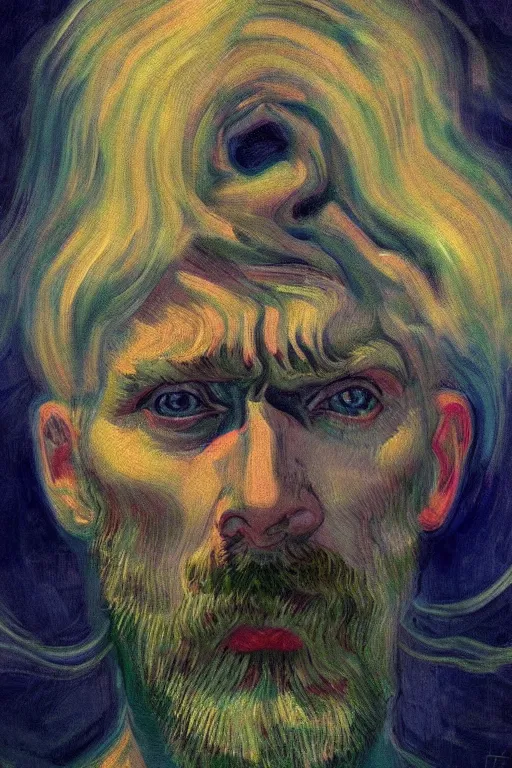 Image similar to portrait of the god of dreams, in the style of edvard munch, van gogh, digital art, artgerm, trending on artstation