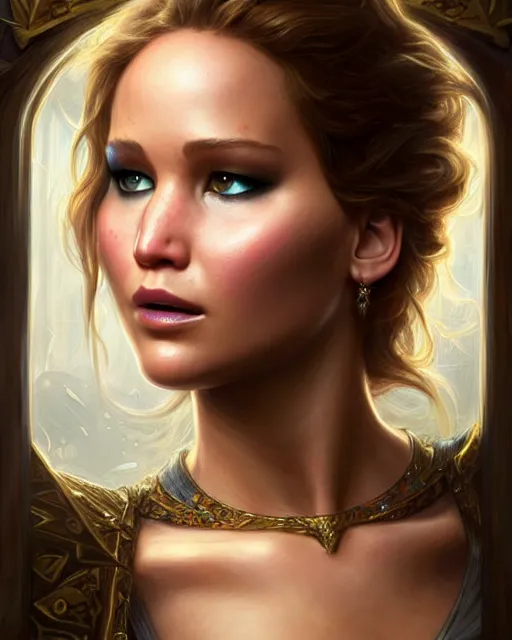 Image similar to Jennifer Lawrence, closeup, D&D, fantasy, intricate, elegant, highly detailed, digital painting, artstation, concept art, matte, sharp focus, illustration, hearthstone, art by Artgerm and Greg Rutkowski and Alphonse Mucha