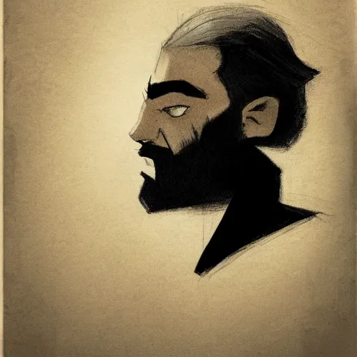 Prompt: very high angle view, very attractive man with beard, highly detailed full body, strong masculine features, slim, command presence, royalty, smooth, sharp focus, organic, appealing, book cover, deep shadows, by Dave McKean sketch lineart for character design