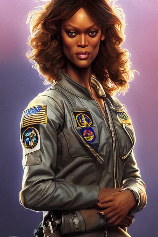 Prompt: tyra banks in the movie top gun, realistic portrait, symmetrical, highly detailed, digital painting, artstation, concept art, smooth, sharp focus, illustration, cinematic lighting, art by artgerm and greg rutkowski and alphonse mucha