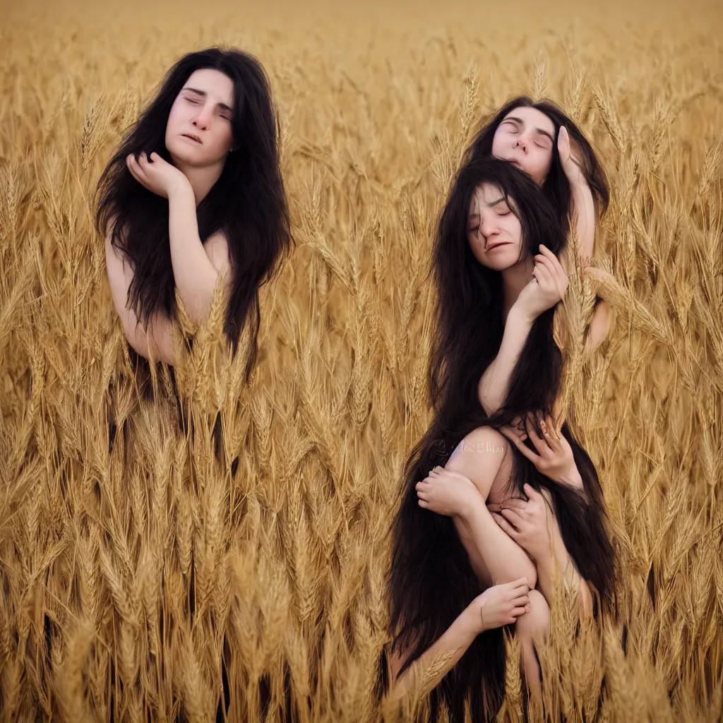 Image similar to A 25 years old Paludnitsa crying in a wheat field. Long black hair, perfect face, beautiful eyes, smooth, sharp focus, vivid colors, highly detailed, digital art, 4k, medium shot.