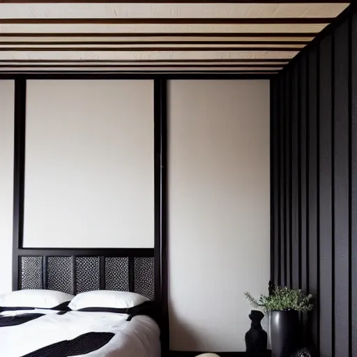 Image similar to bedroom, interior design, stylish luxury hotel bedroom design, yakisugi, black vertical slatted timber, textures, feminine, black walls, art, Japanese pottery vase with flowers, kakejiku Japanese scroll, seasonal, Japanese influences