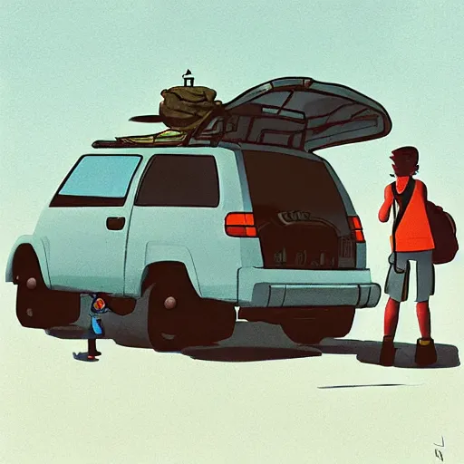 Image similar to hiker unloading the car before camping, style by goro fujita